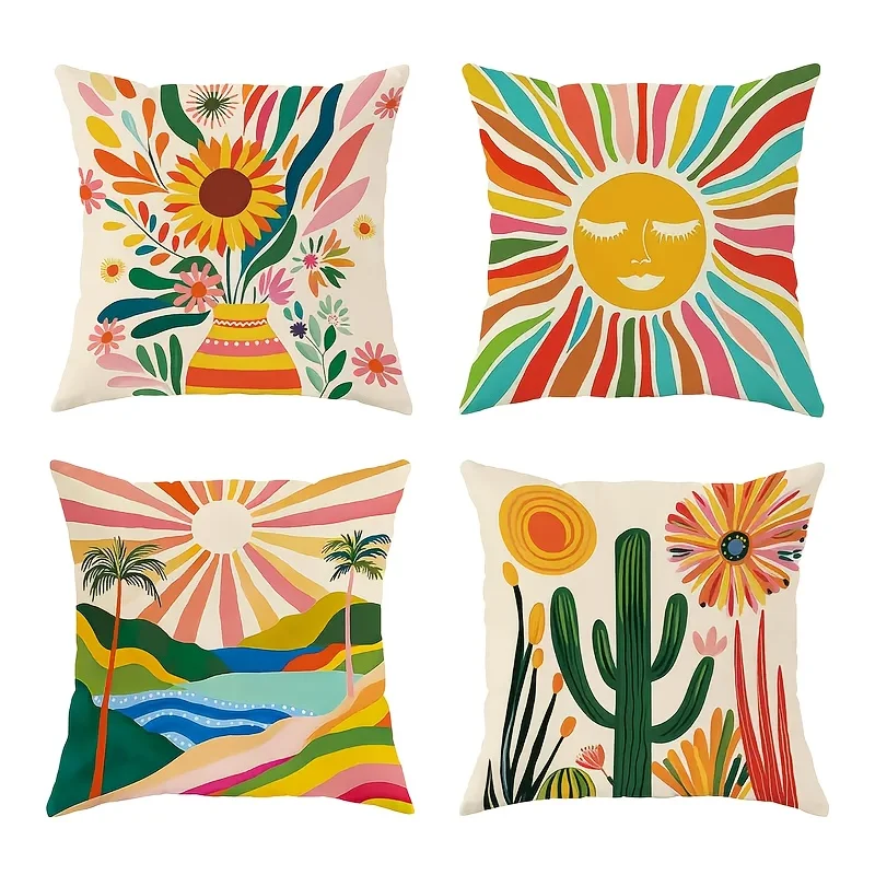 4 piezas  fundas  cojín  cactus con diseño floral bohemio y puesta  sol - Poliéster suave, lavable en máquina, cierre co