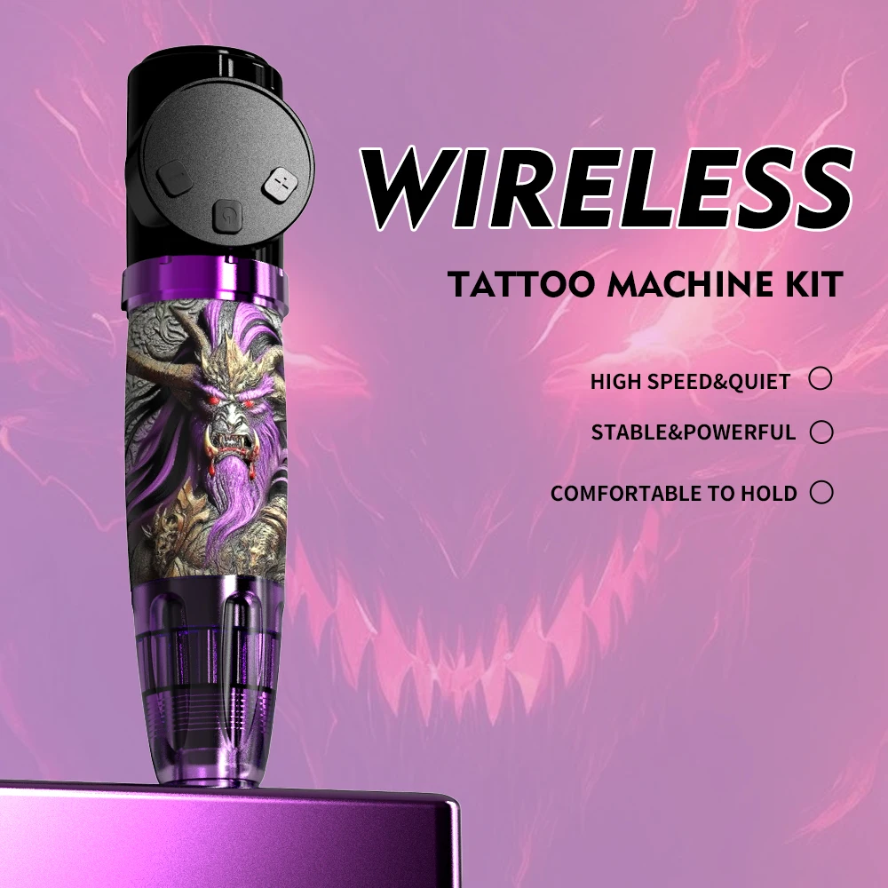 Demon Pattern Cordless Rotary Tattoo Pen Kit Digital Display Complete Beginner Tattoo Set