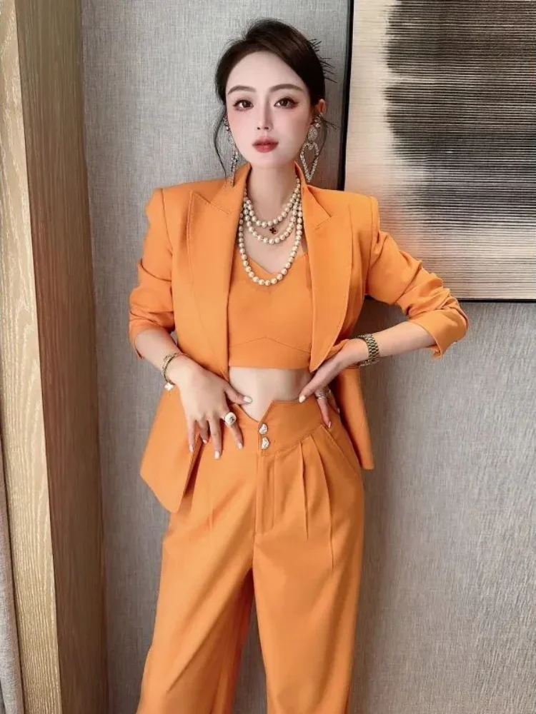 Spring Autumn Blazer and Pant Sets for Women 2 Pieces Suits Orange Korea Stylish Trousers Woman Chic Elegant Clothes with Sleeve