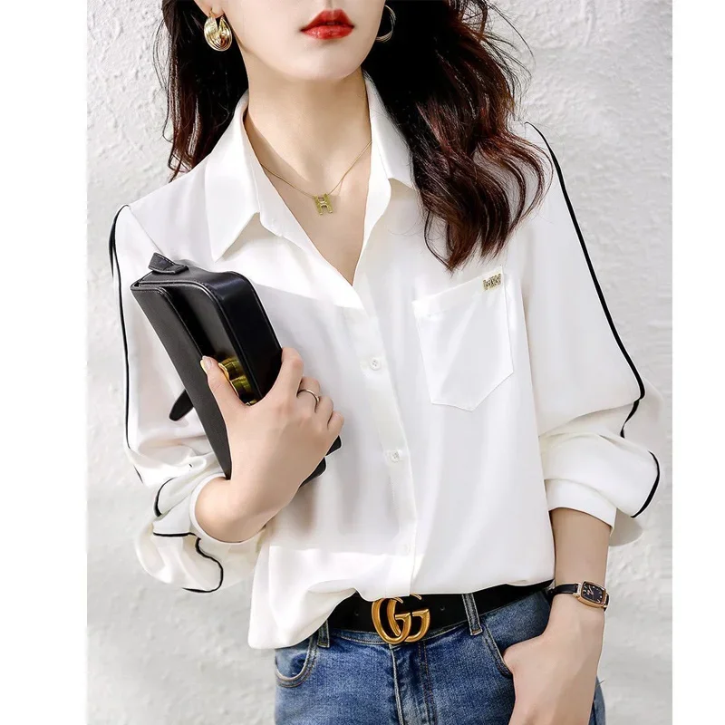 Spring New Simplicity Solid Shirt Tops Long Sleeve Polo Neck Contrast Loose All-match Blouse Temperament Fashion Women Clothing