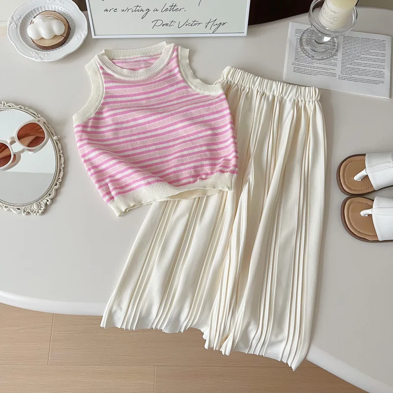 

Girls' Summer Outfit New Children's Striped Vest+Two-Piece Pants Set for Girls Casual Pants Outfit