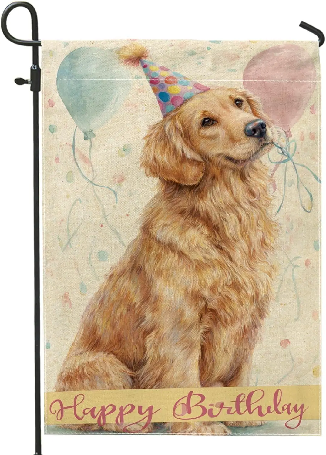 Dog Garden Flag, Birthday Fanciful Balloons Party Hat Birthday Gold Double Sided Burlap Small Garden Yard Flag for Outdoor P ZZM