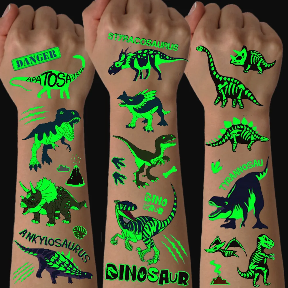 

8 Sheets Glow-in-the-Dark Dinosaur Tattoos Waterproof Luminous Kids Stickers Birthday Party Gifts T-Rex Pterosaur Velociraptor