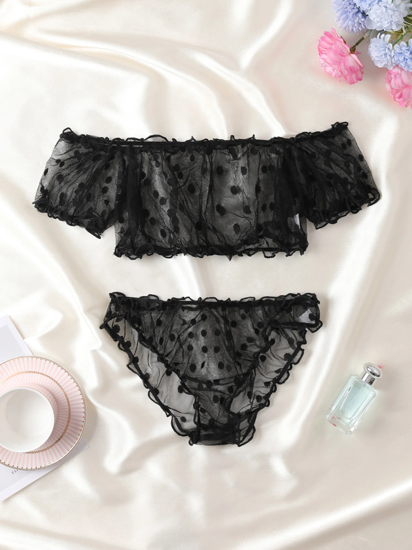 Women 2-Piece Lingerie Dot Embroidery Mesh Fancy Outfit Romantic Underwear Set Bra And Panty Sets image 2