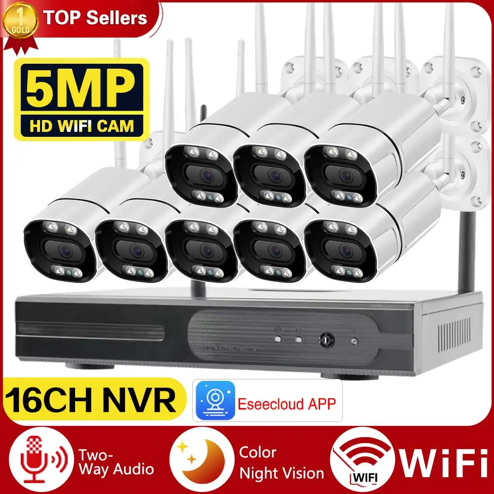 

10CH 5MP Wireless Video Surveillance Security Camera System 10CH P2P NVR Two Way Audio Color Night Vision WIFI IP Bullet Camera