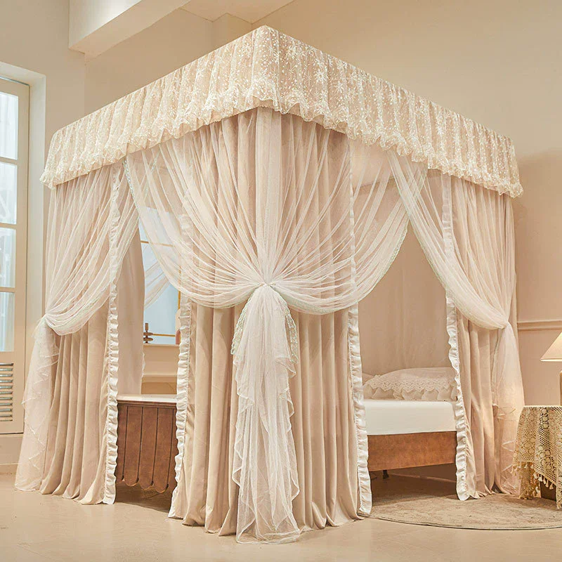 Four Season Bed Curtain Canopy with Frame for Girl Room Palace Mosquito Net Romantic Shading Three-door Bedcover Decor