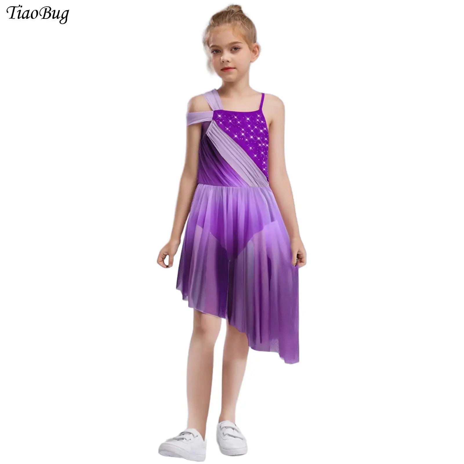 

Kids Girls Gradient Lyrical Dance Dresses Shiny Rhinestones Sheer Mesh Asymmetrical Dress for Figure Skating Modern Dancewear