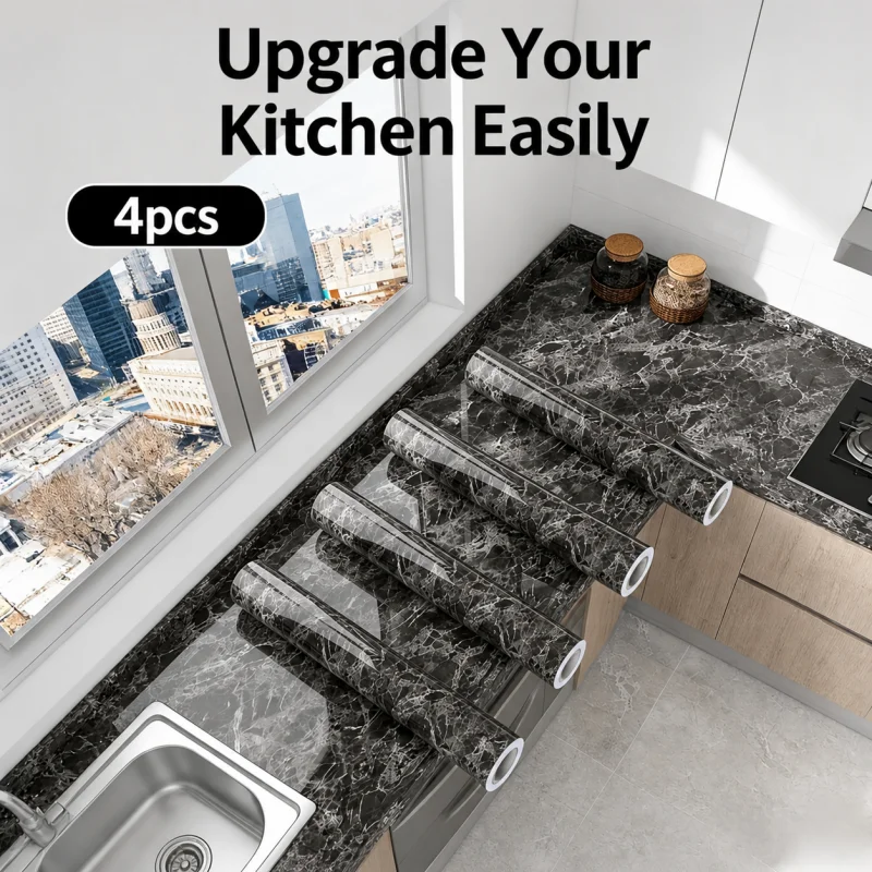 

4-Piece Marble-Patterned Self-Adhesive Wall Decals: Waterproof, Oil-Resistant, Easy to Clean, Suitable for Multiple Settings