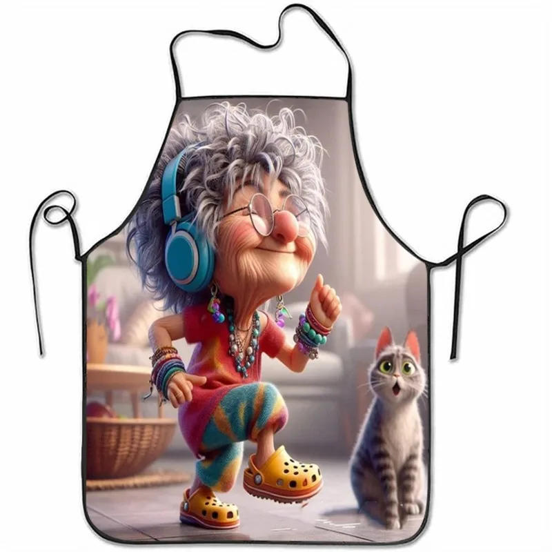 Cool Grandma with Headphones Cartoon Kitchen Apron Funny Old Lady Dancing Design Linen Cooking Bibs Chef Aprons Home Decor Gift