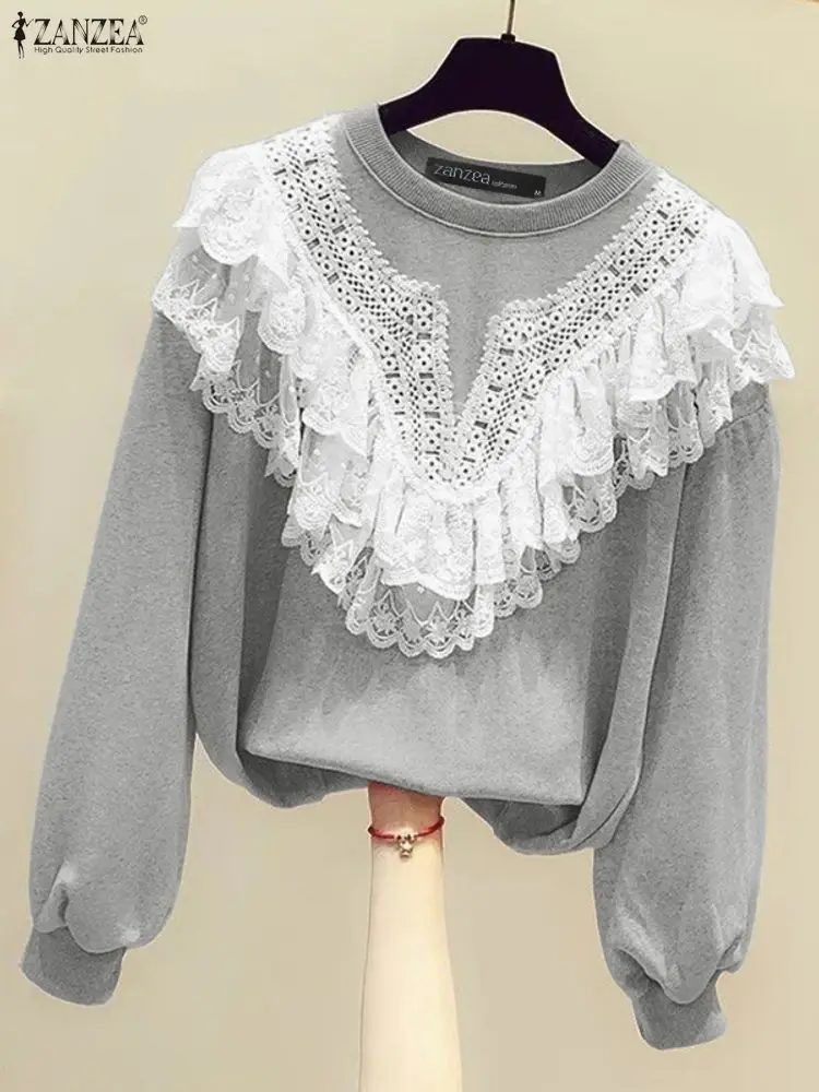 ZANZEA 女性スウェット 2025 ファッション長袖プルオーバーカジュアルレースパッチワークジャンパー O ネック秋冬服トップス