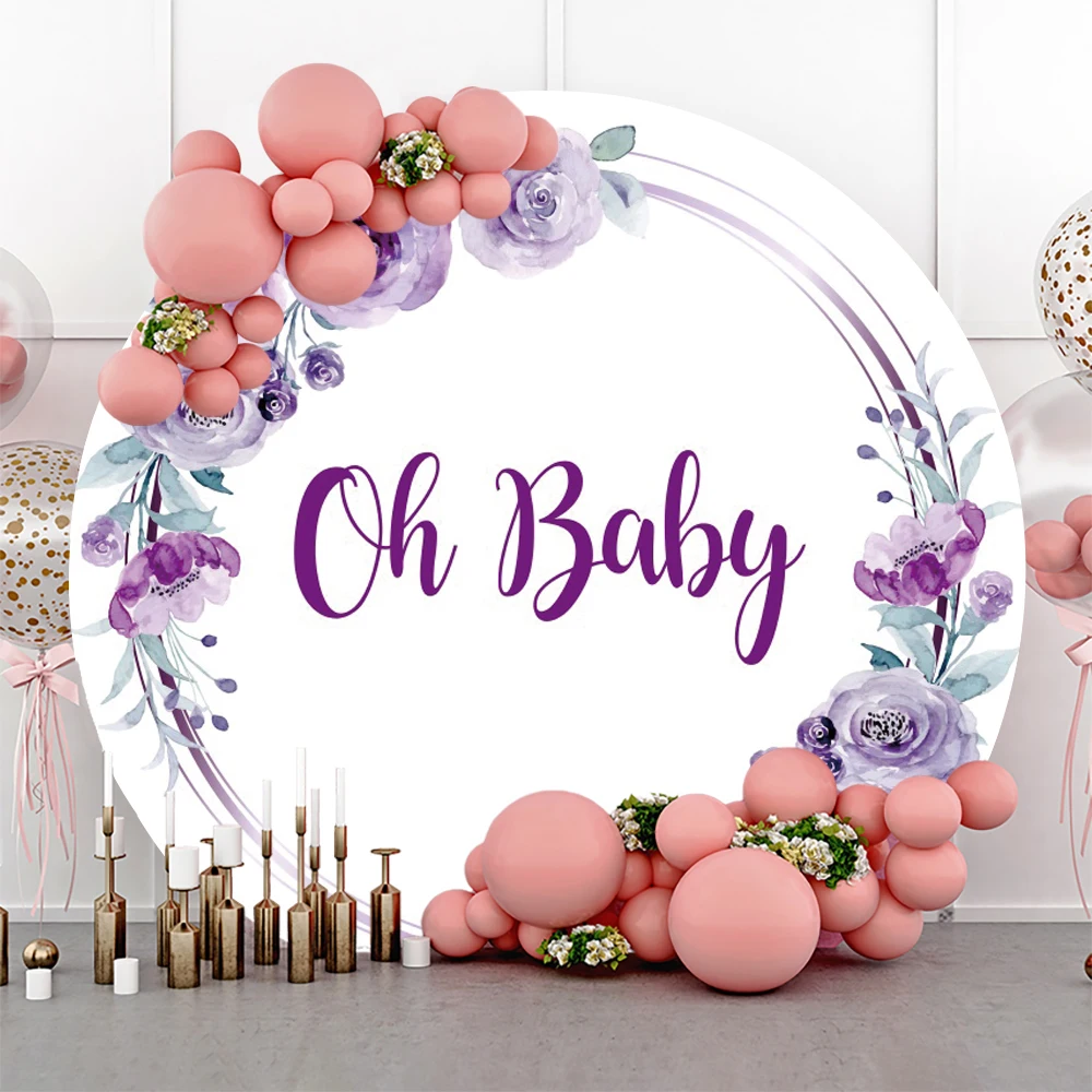 Oh Baby Shower Round Backdrop Cover Flowers Frame Girl Boy Birthday Party Baby Photo Custom Circle Photography Background Decor