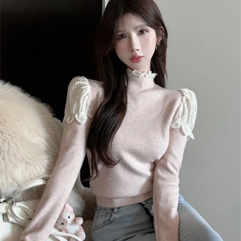 Design sensação renda orelha de madeira f gola alta camere fino ajuste camisola de malha 2025 outono inverno feminino capa base faion