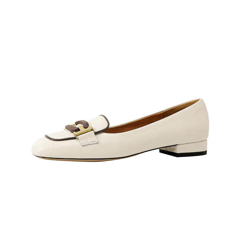 Zapatos planos de cuero genuino con punta cuadrada y tacón bajo, poco profundos, versátiles, informales, cómodos