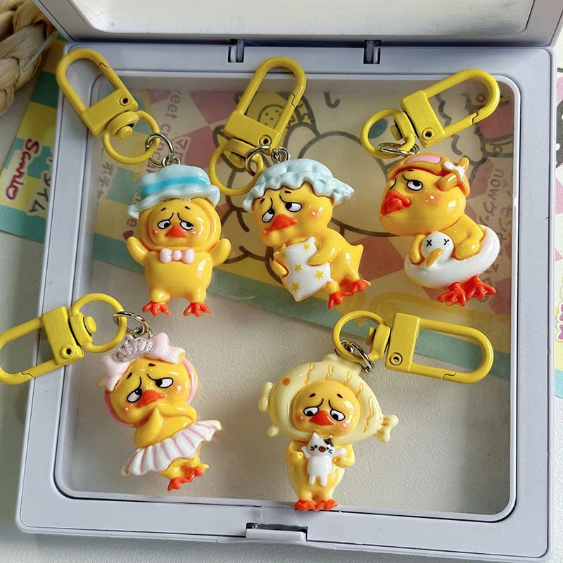 Kawaii Upsetduck Yellow Duck Resin Doll Keychain Pendant Keyring For Girls Backpack Charm Headphone Case Accessories Couple Gift