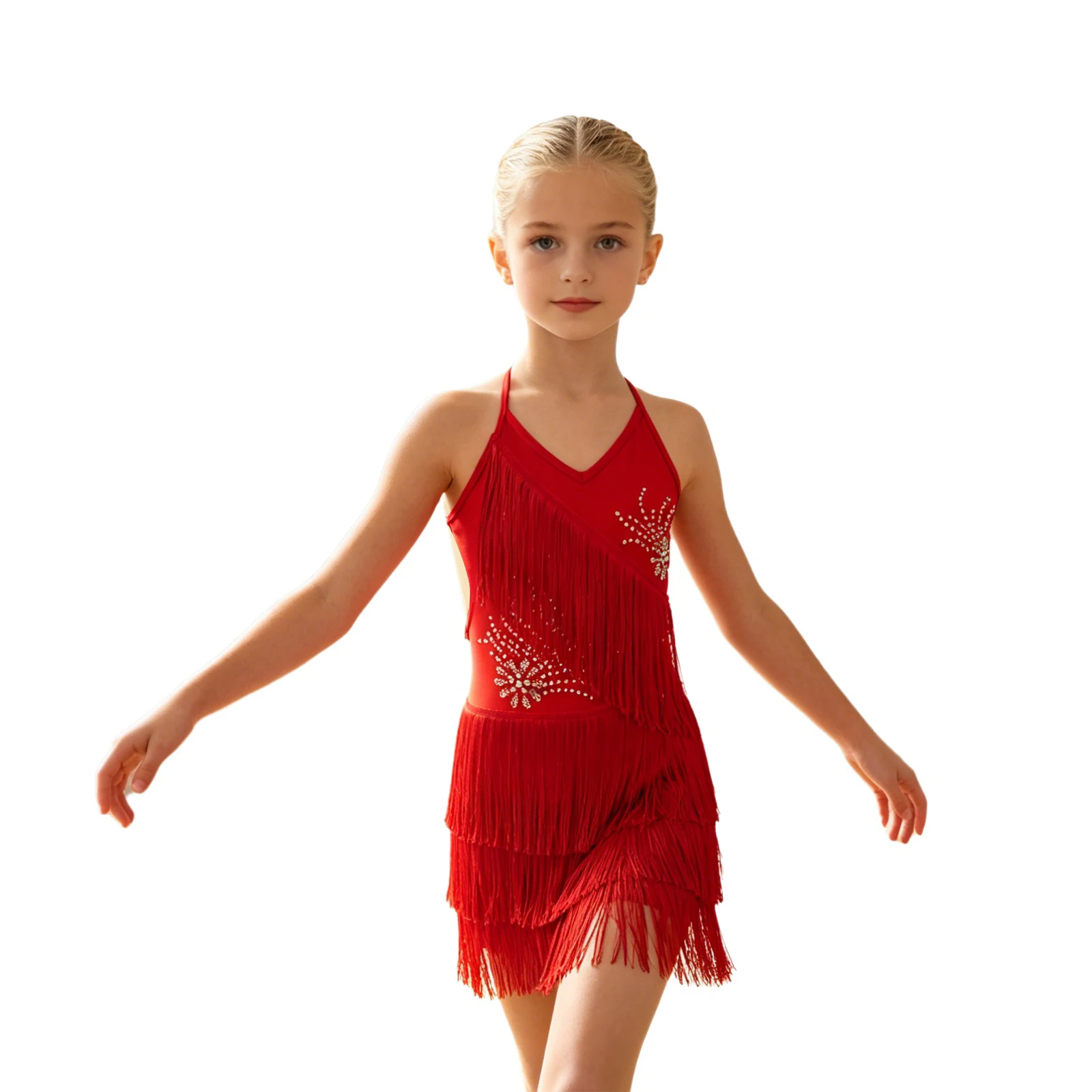 Tassels Latin Dance Dress for Kids Girls Sleeveless Shiny Rhinestone Fringed Dresses Ballroom Chacha Tango Rumba Salsa Dancewear