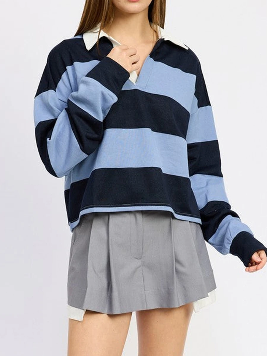 Women s Spring Autumn Loose Tops Long Sleeve Lapel V Neck Stripe Print T-shirt