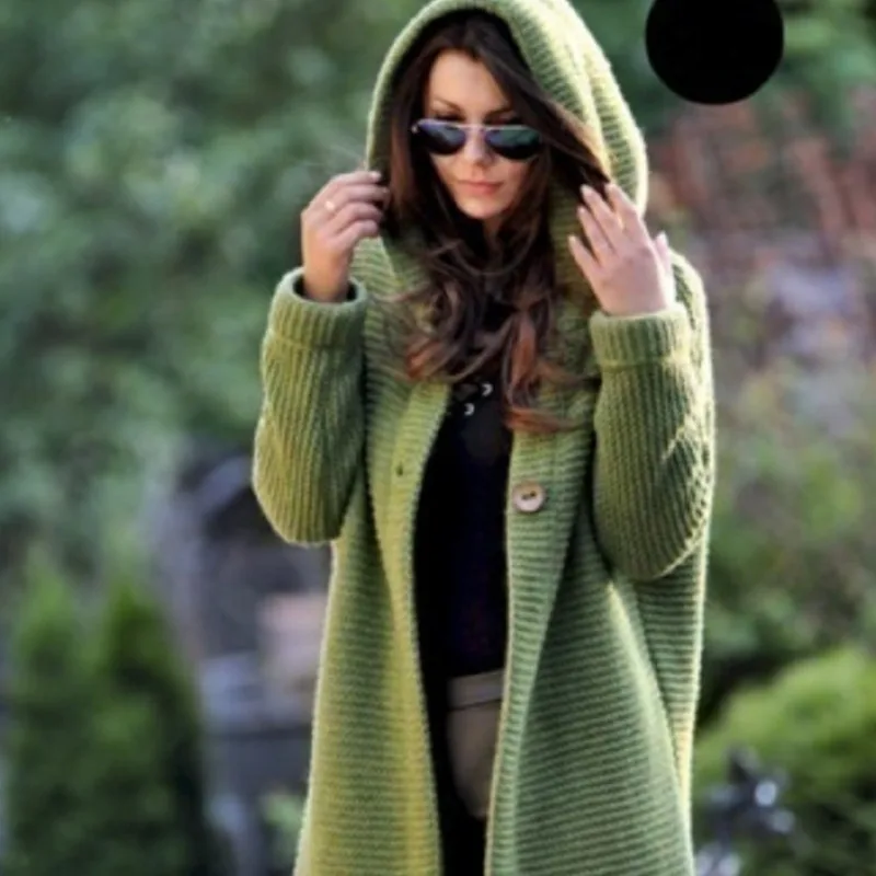 Women\'s Long Knitted Cardigan Autumn Spring Hooded Solid Color Vintage Elegant Loose Fashion Streetwear Female Coat S-5XL