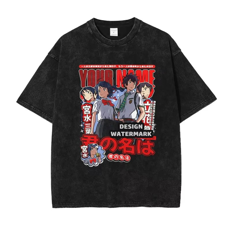 Bandai Anime Y-Your Name T-shirts Vintage Washed Miyamizu Mitsuha T Shirt Manga Tachibana Taki Tops Tees 100% Cotton Streetwear