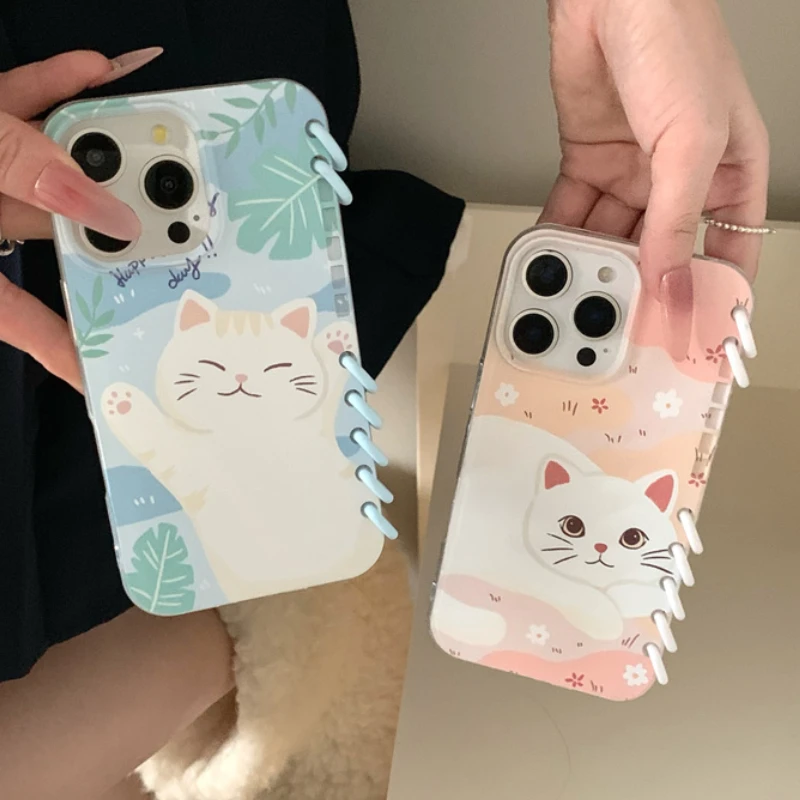 

Kawaii INS Cute White cats Flip Notebook Phone Case For apple iPhone 16 15 14 13 Pro Max 14pro leather Cover Fashion Protective