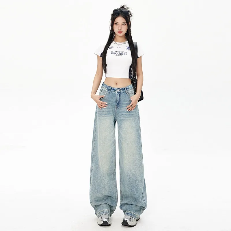 

Retro American Light Blue Crease Jeans Women's Spring Summer Washed Straight-leg Drappy Wide-leg Floor-length Pants Fashionable