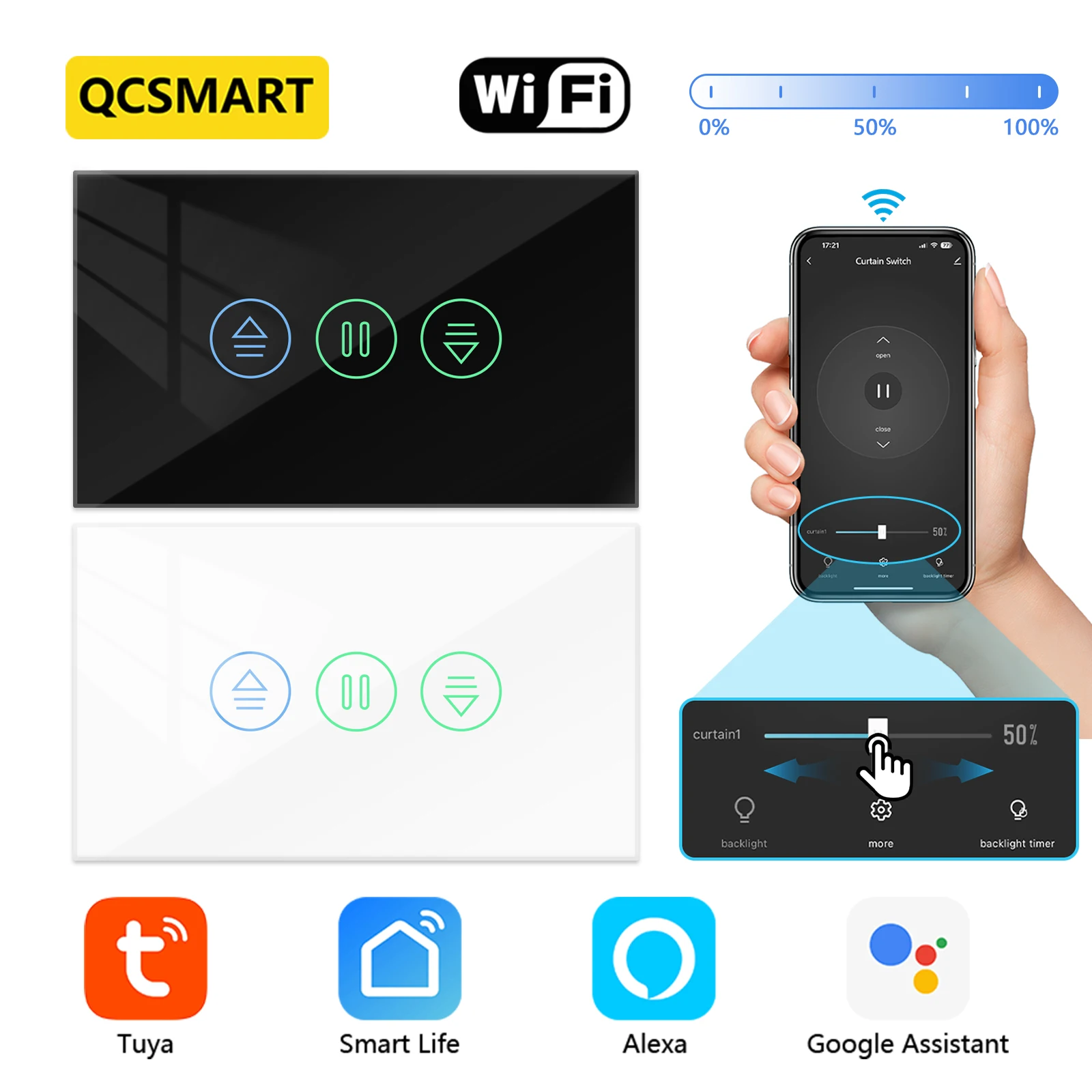 

QCSMART New Generation US Tuya Smart Life Curtain Switch Percentage Remote Control Work with Google Assistant Alexa Echo