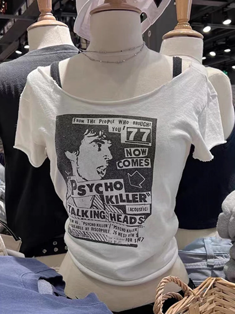 Camiseta Vintage con estampado de Anime para mujer, ropa informal de verano blanca con cuello redondo y manga corta con dobladillo crudo, Tops de algodón Y2k para mujer