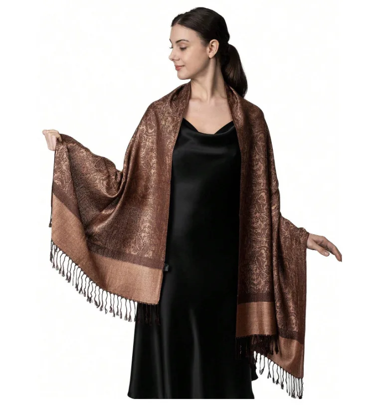 Trendy Paisley Jacquard Ethnic Pashmina Shawl, Women's Casual Fringe Scarf Wrap, Soft Warm Bohemian Neck Cover for All Seasons