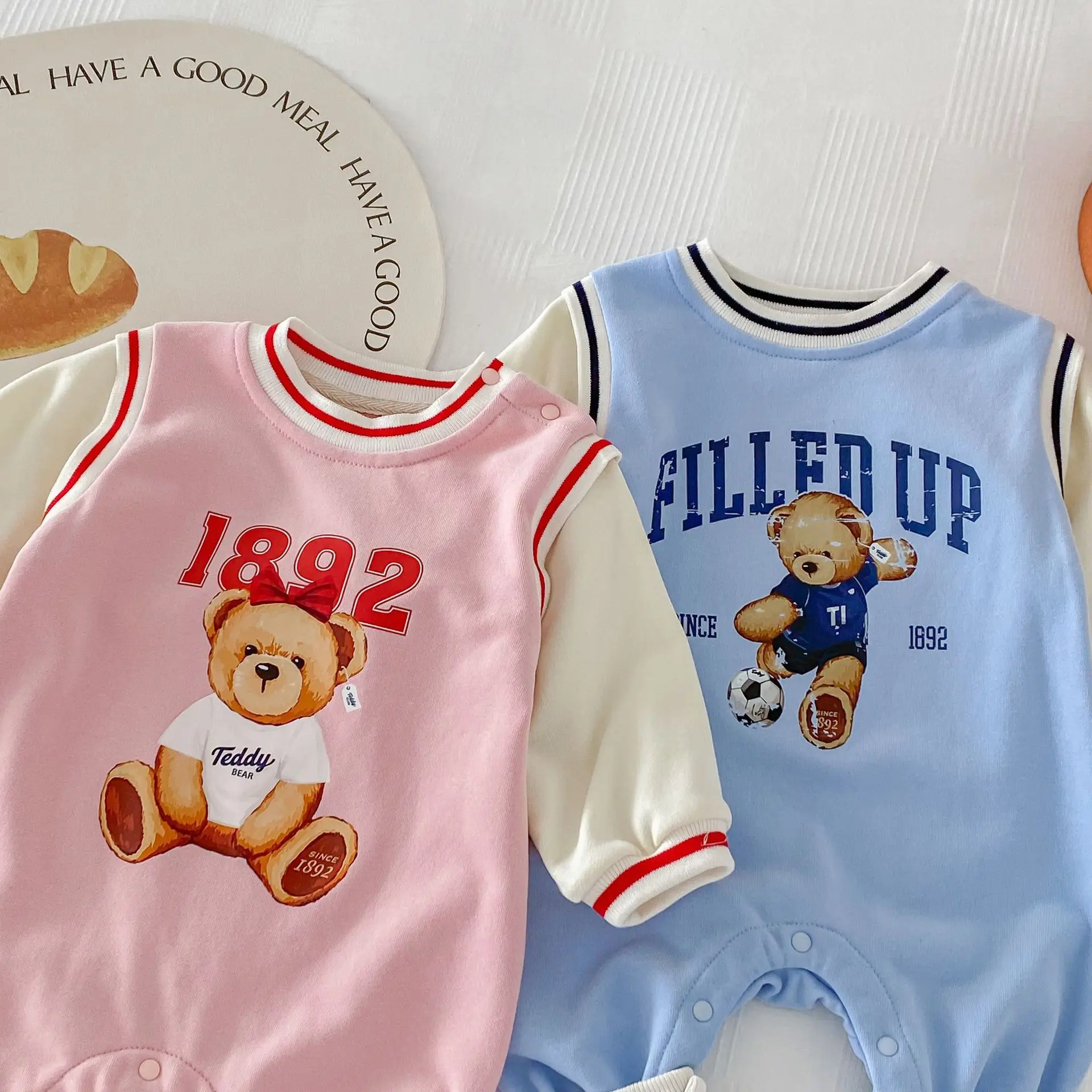 2024 Spring Autumn Infant Baby Boys Girls Patchwork Cartoon Bear Jumpsuits Toddler Kids Cute Clothing Romper Newborn 0-24M