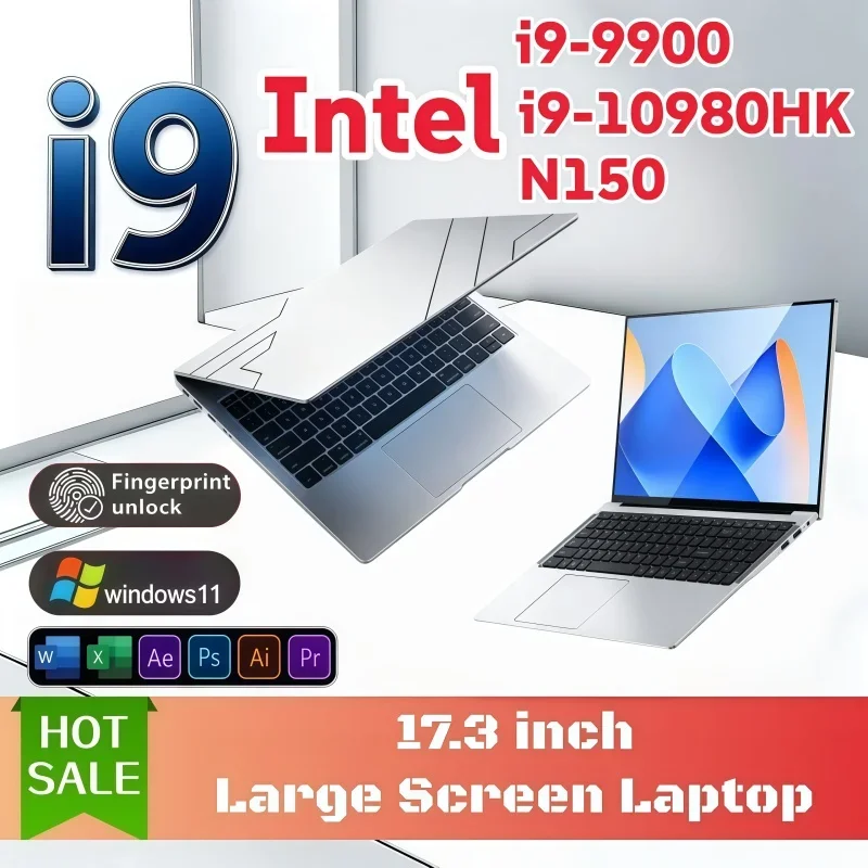 Trendy 17.3 Inch Portable Laptop Intel Core N150 I9‑9900 I9‑10980HK Sleek Design 16/32GB 2TB Large Screen Windows11 Office PC
