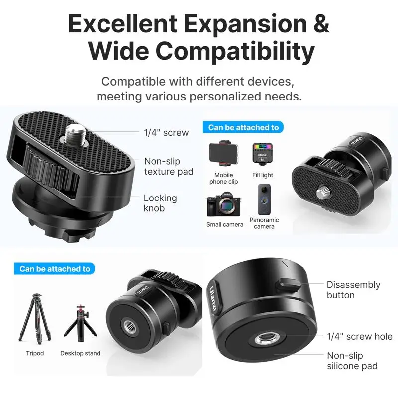 Ulanzi Go-Quick II Screw Adapter Mount, compatível com câmera panorâmica, vídeo luz, suporte do telefone, tripé, 1/4"