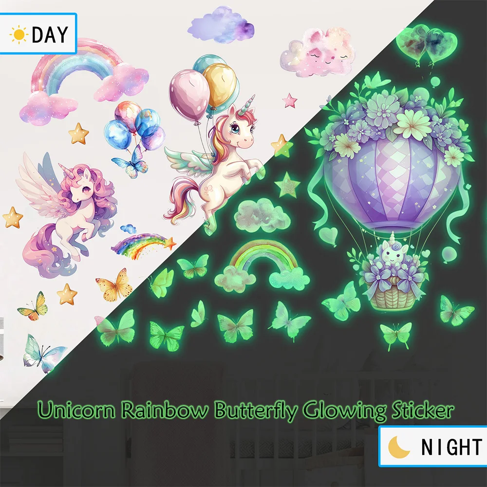 

Glow-in-the-Dark Unicorn Wall Stickers – Rainbow, Butterfly & Hot Air Balloon Luminous Decals for Kids' Room & Nursery