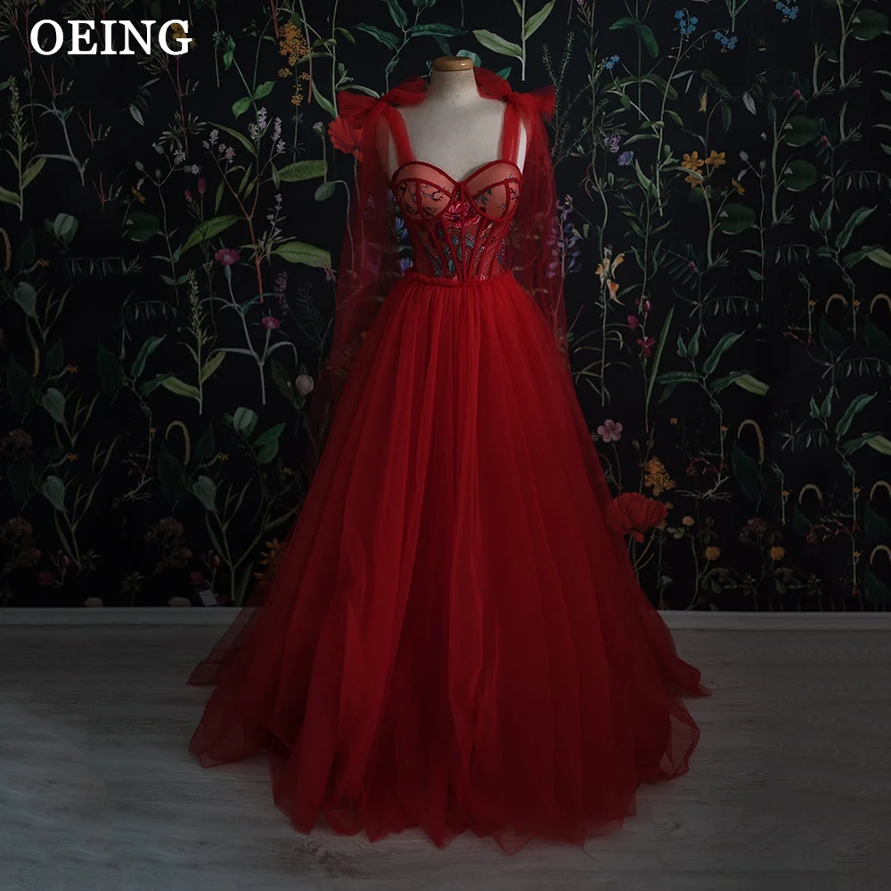 

OEING Pastrol Red Sweetheart Tulle Prom Dress Bow Strap Appliques Bustier A-Line Formal Evening Gown Lace Up Wedding Party Dress