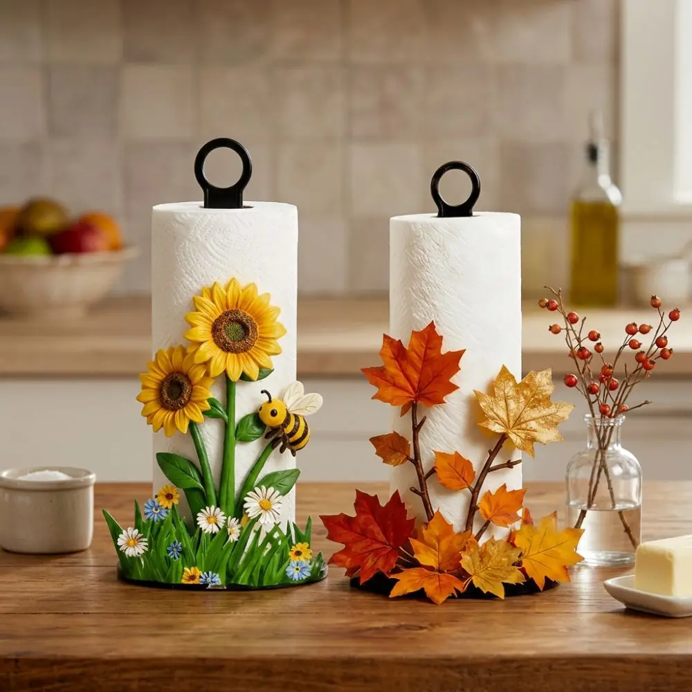 2D Flat Floral Paper Towel Holder Cook Character Freestanding Vertical Roll Paper Holder Cartoon Rotating Paper Rack Living Room