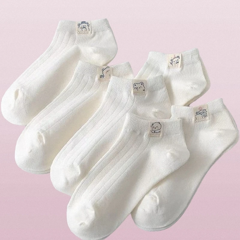 Chaussettes courtes ours blanc pour femmes, tube court invisible, bouche peu profonde, printemps et été, chaussettes bateau fines et mignonnes, 5/10 paires