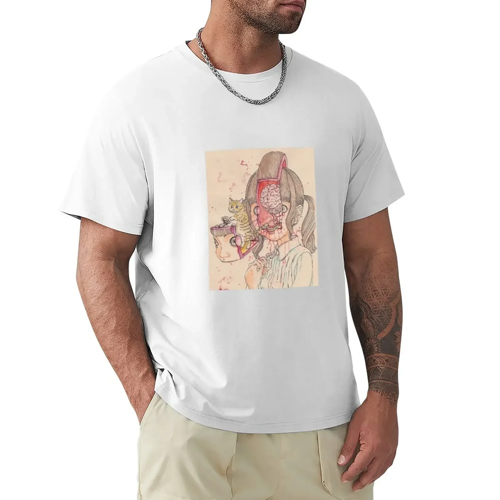 Japanese Student and Cat Shintaro Kago japanese horror aesthetic T-Shirt customizeds sublime mens graphic t-shirts funny style