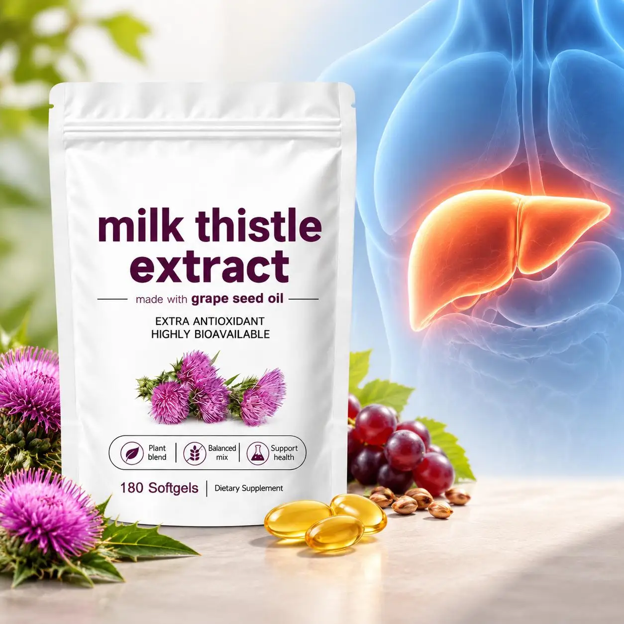 Milk Thistle Softgels Promote Liver Health &skin  Antioxidant Defense & Digestive Balance Cellular Health Grape Seed Oil 180ct