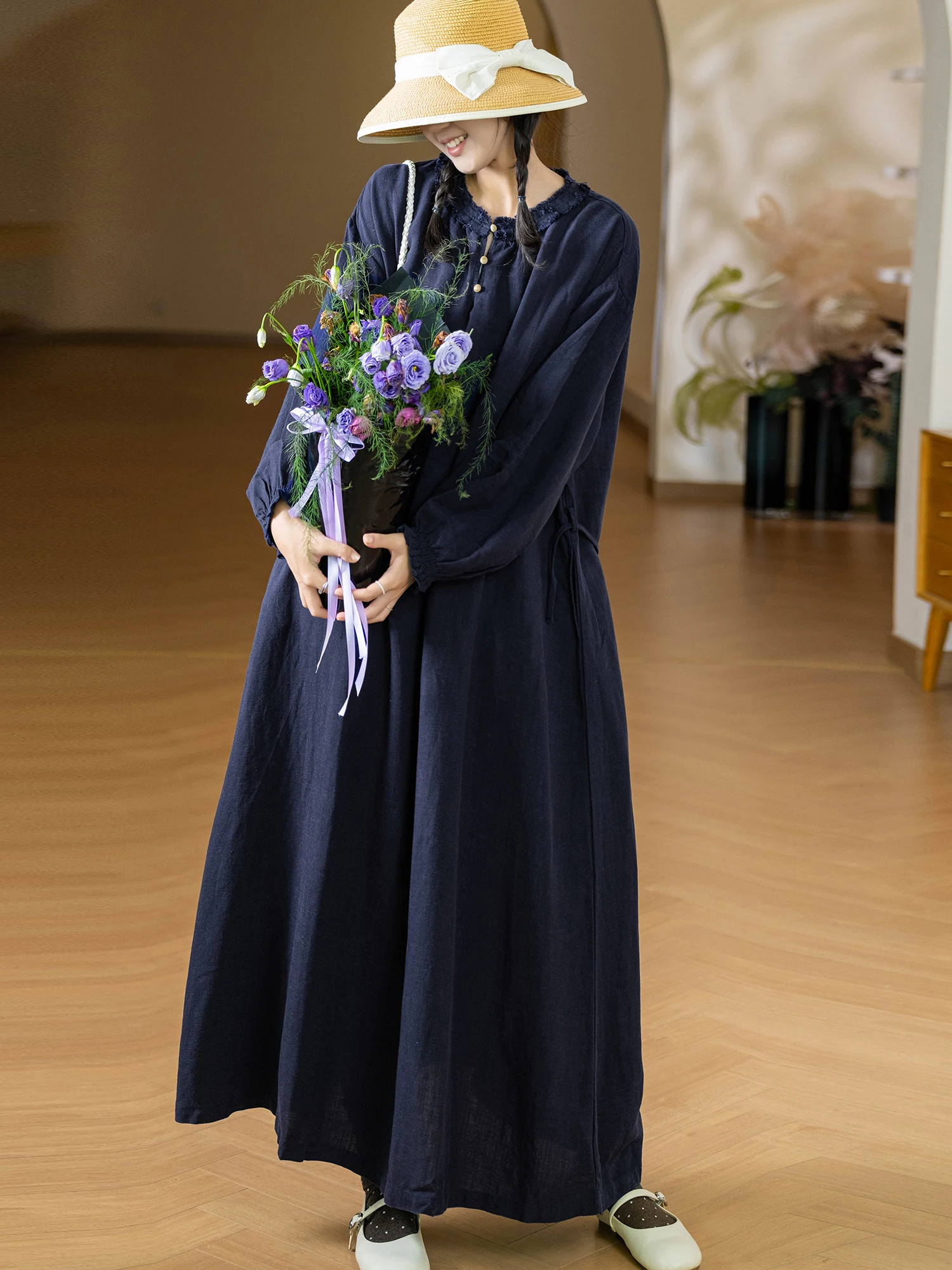 

Loose Fit round Ne Tee Button Dr by Little Ear Production Lacey Fabric Artistic Sle Long Sve Daily Wear