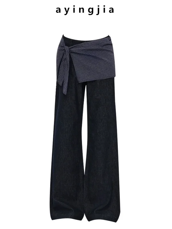 

Loose Straight Leg Denim Pants Women's Plaid Tied Belted Layered Look Fake Two-Piece Long Pants Design Spring Season Ladies