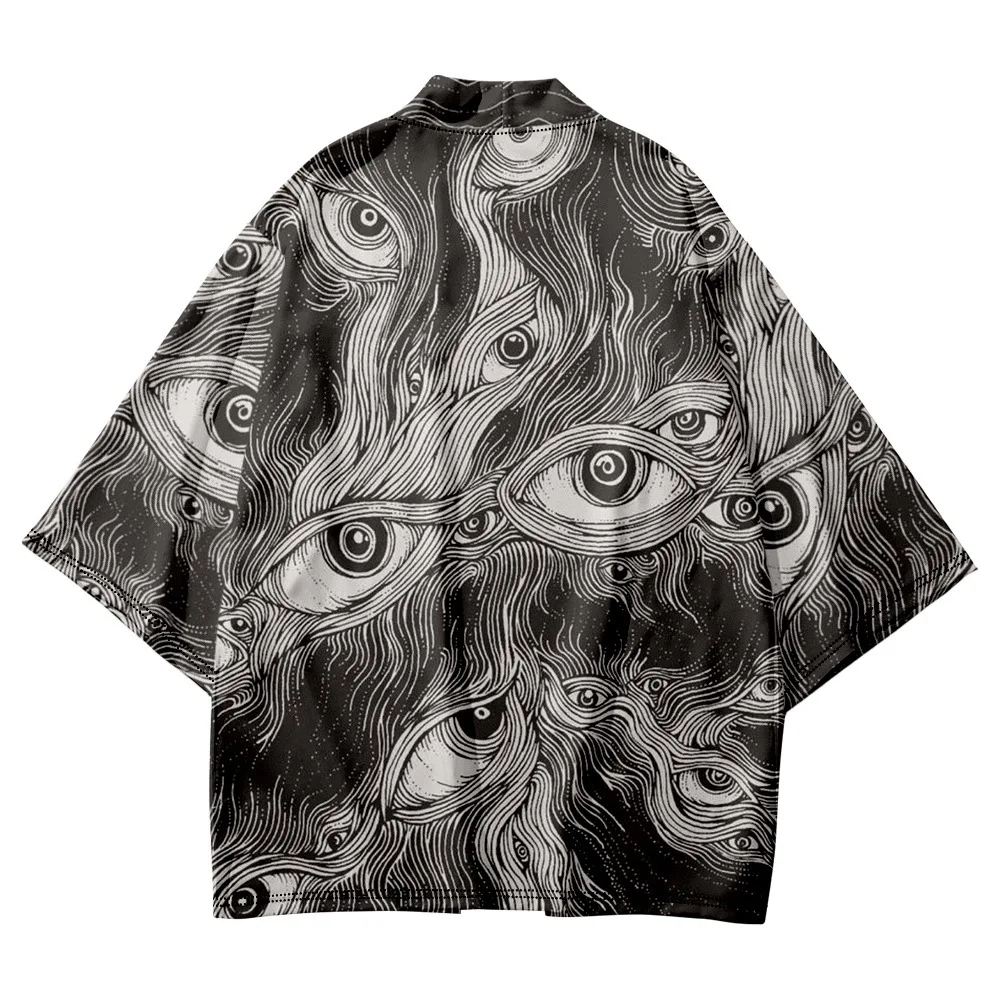 Ropa de calle Haori Yukata para hombres y mujeres, cárdigan informal con estampado de Ojos de dibujos animados, Kimono negro, pantalones cortos de playa, Verano