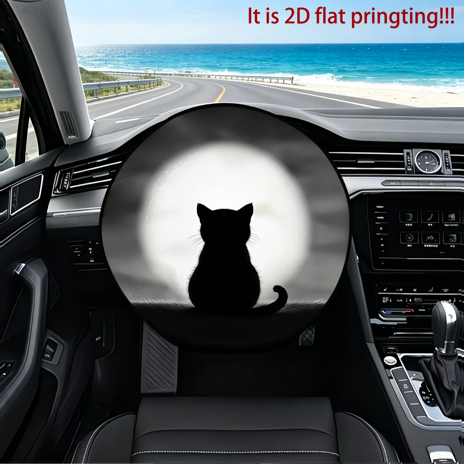 1pc Black Cat Sitting And Gazing At The Printed Car Steering Wheel Cover - Heat Insulation, Sunshade, High-Temperature Design, C