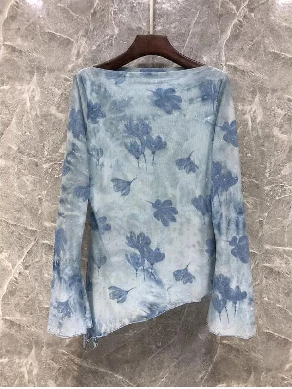 

Ruffle Sve Printed Rhinestone T-irt Women's round Ne Slim Fit Autumn New Sle European Faion Top Commute Sle