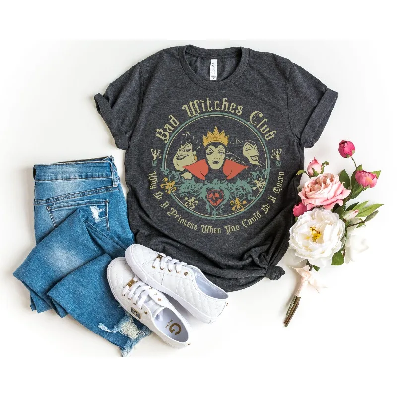 قميص Disney Villains، تي شيرت Retro Bad Witches Club، Ursula Maleficent Evil Queen Vintage Halloween Disney Park Vacation Top