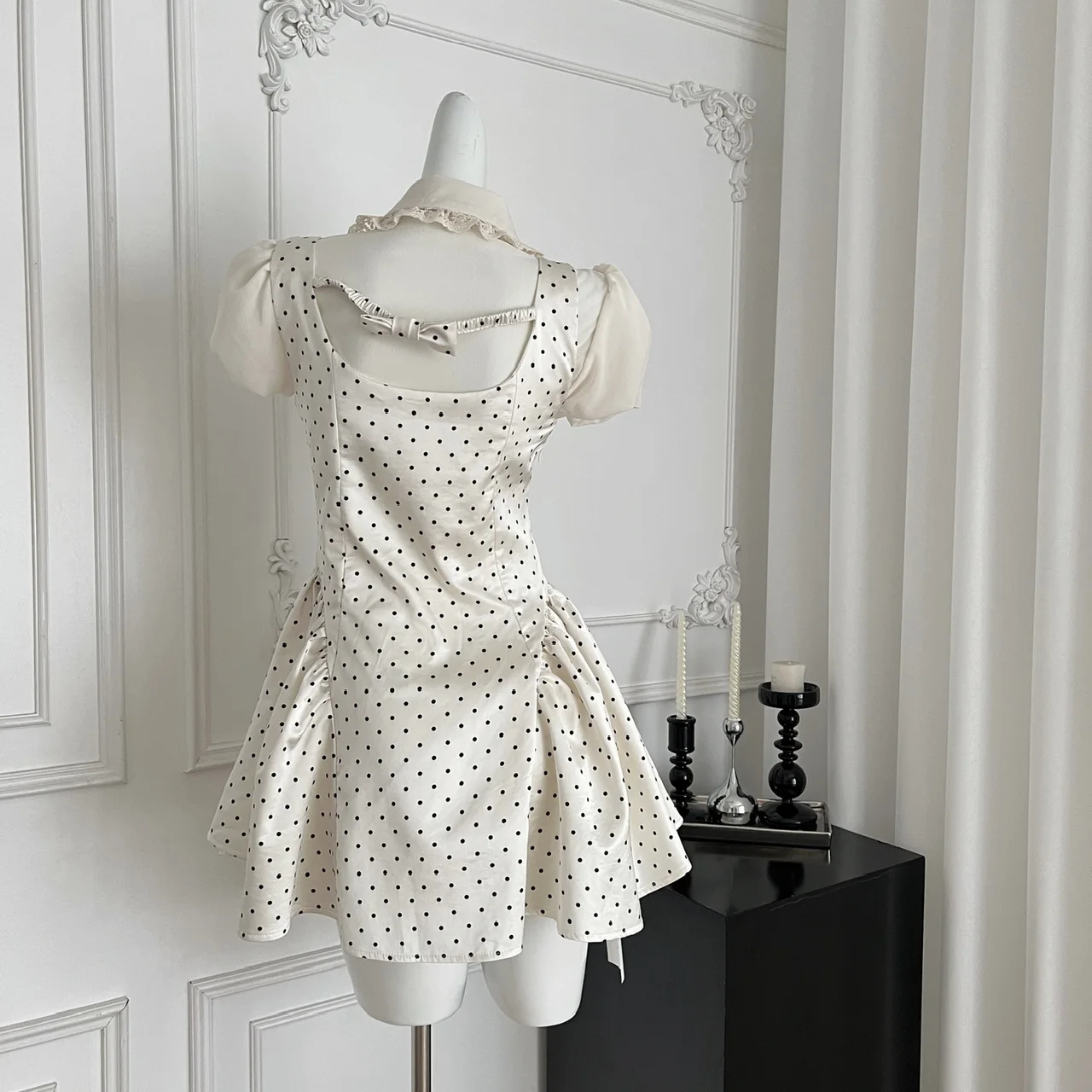 

Ele Lace Doll Collar Bubble Sve irt Women's Waist Cinched ter Polka Dot Satin Dr Two Piece Set Faionable Ens...