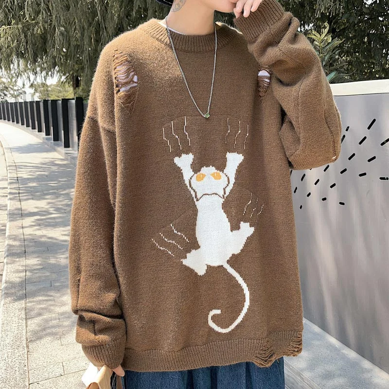 Autumn Korean Version Casual Harajuku Knitted Man Pullovers Fashion Cartoon Funny Cat Print O-neck Wild Korean Sweater Men