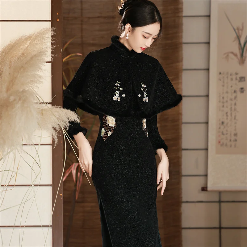 Chinesische Traditionelle Abendkleid Frauen Qipao Eleganti Dünne Lange Schal + Cheongsam Stickerei Winter Chinesische Neue Jahr Kleidung 2023