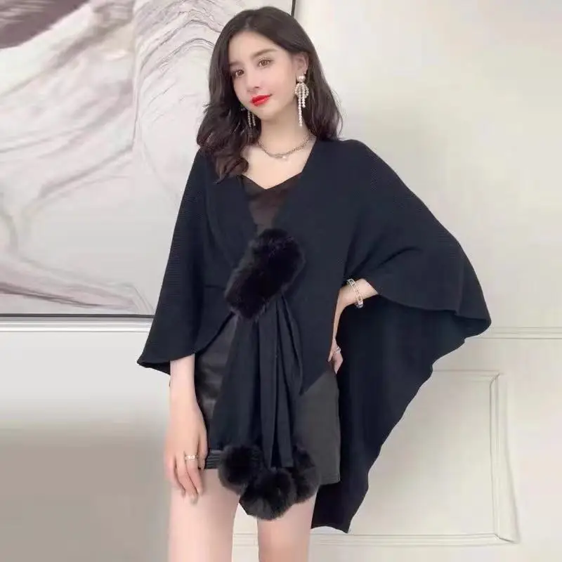 

Autumn Winter New Imitation Wool Ball Cape Knitted Cardigan Irregular Capes Ponchos Women Capes Black Cloak