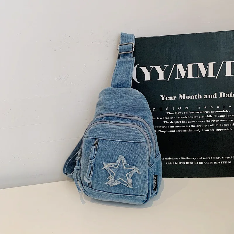

Vintage Star Pattern Denim Chest Bags For Women 2026 Trended Female Casual Sling Bag Ladies Small Shoulder Crossbody Backpack