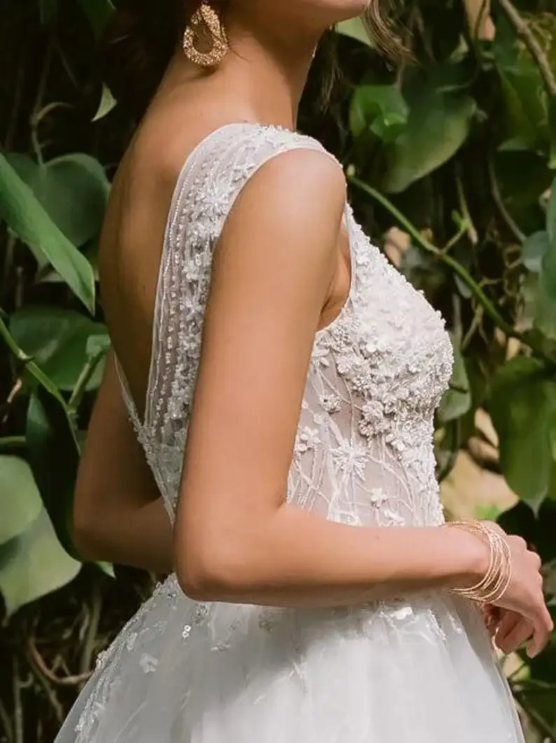 Backless A Line Tulle Bridal Gown with Train Custom Bridal Gowns Custom made Embroidered Wedding Dress, Floral Lace Wedding Gown