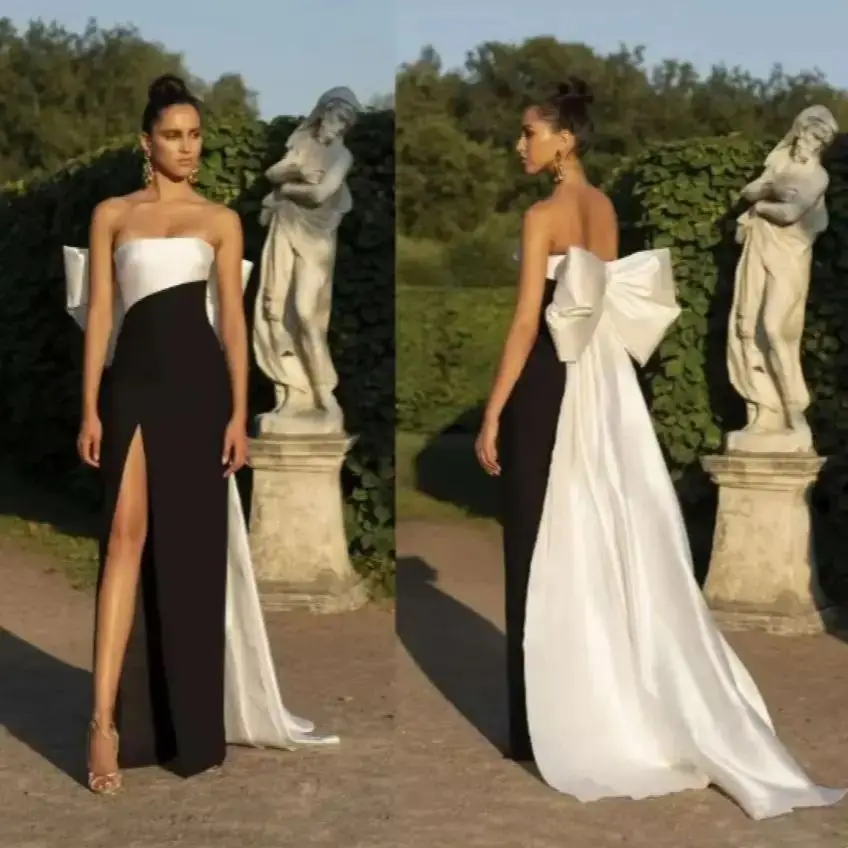 

Othray Bandeau High Slit Sexy Prom Premium Sense Black And White Contrast Satin Gown 2023 Simple Large Bow Evening Dress