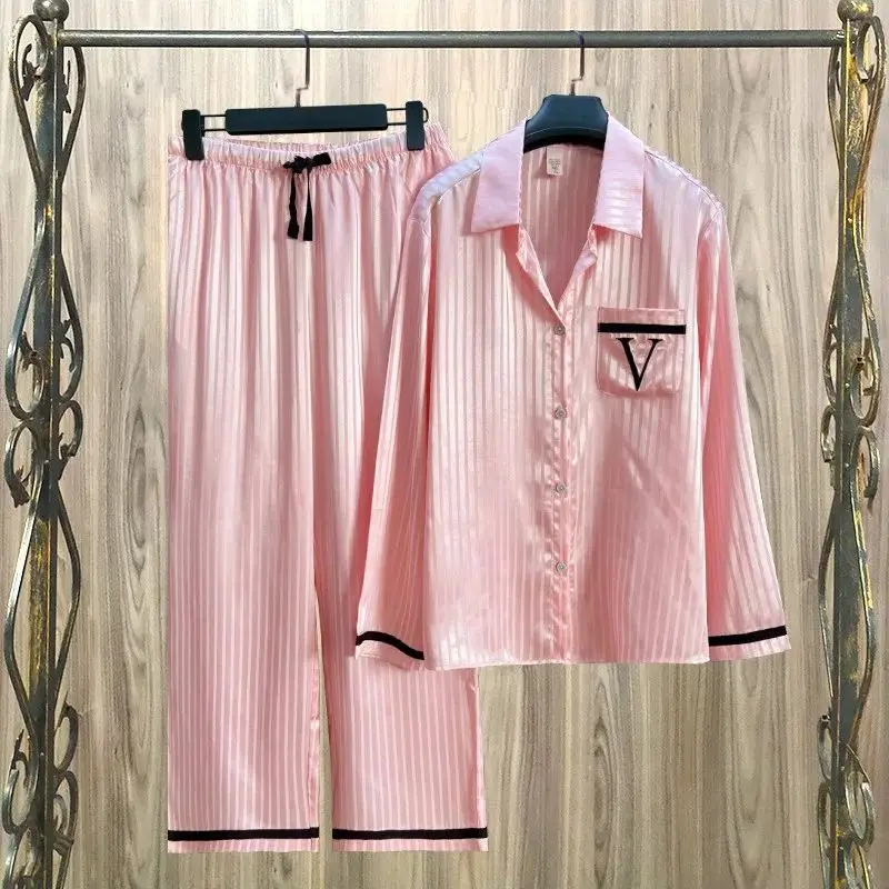 Women Striped Satin Pajama Set Autumn Cardigan Long Sleeve Pants Loose Casual Wear Fashion Classic Pink Sleepcoat Two Piece Set image 2